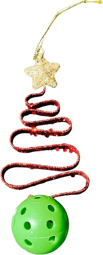(2) Red Glitter Christmas Tree Ornaments - Metal 6" - Includes a Hanging Green Pickleball - PICKLEBALL MARKETPLACE