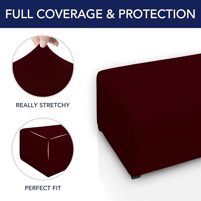 PureFit Super Stretch Soft Form Fit Ottoman Cover Rectangle - Ottoman Slipcovers for Foot Stool & Folding Storage Furniture for Living Room with Nonslip Elastic Bottom (Small, Wine)