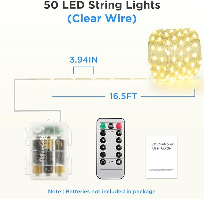 16.5ft Battery Operated String Lights (2 Pack), 50 LED Fairy String Lights Battery Powered with Remote & Timer for Indoor Outdoor Christmas Trees Wreath Decoration Bedroom Patio - Warm White