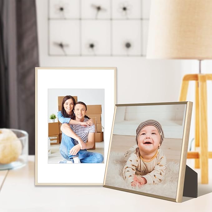 8x12 Picture Frame Set of 4, Matted Brass Simple Modern Brushed Thin Aluminum Metal Photo Frame Fits 6x8 with Mat or 8 x 12 without Mat Vertical and Horizontal for Tabletop and Wall Mounting