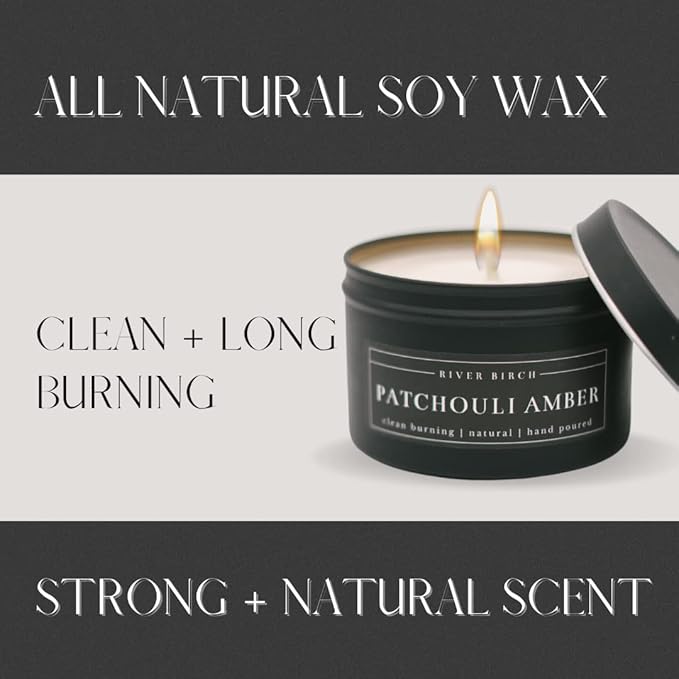 River Birch Candles Patchouli Amber Scented Candle | Premium, All-Natural, Non-Toxic, Soy Candles | 8 oz. Black Matte Tin Travel Candle | Cozy Relaxing Gifts for Home