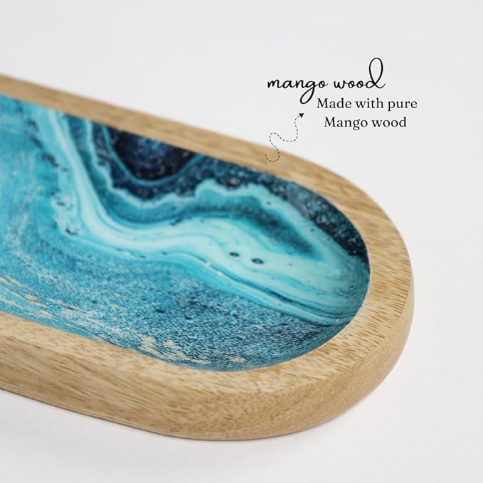 The Art Box Hand-Painted Incense Burner Holder Ocean Blue - 12x4x1 inch Wooden Long Incense Stick Tray Holder for Modern Gift, Ash Catcher Incense Stick Holder - Meditation & Yoga