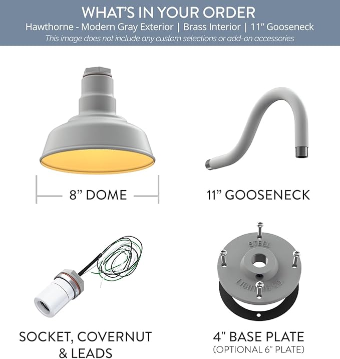 Steel Lighting Co. Hawthorne Barn Light | Outdoor Wall Mounted | 8 inch Dome | 11" Gooseneck | Small Farmhouse Light Made in America | Modern Gray Exterior/Brass Interior
