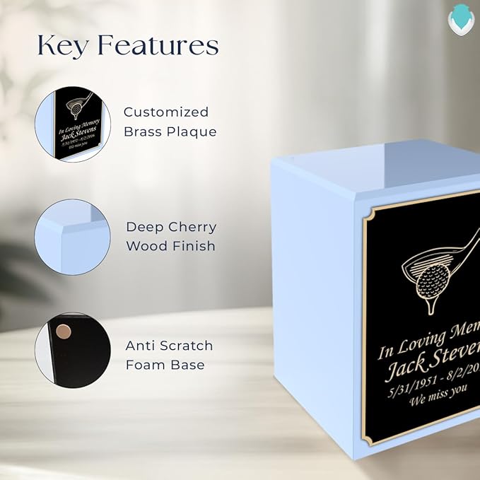 GetUrns Custom Golf Small Urn Box for Human Ashes I Personalized Wooden Keepsake Cremation Urn for Male or Female I Light Blue Memorial Box I 40lbs