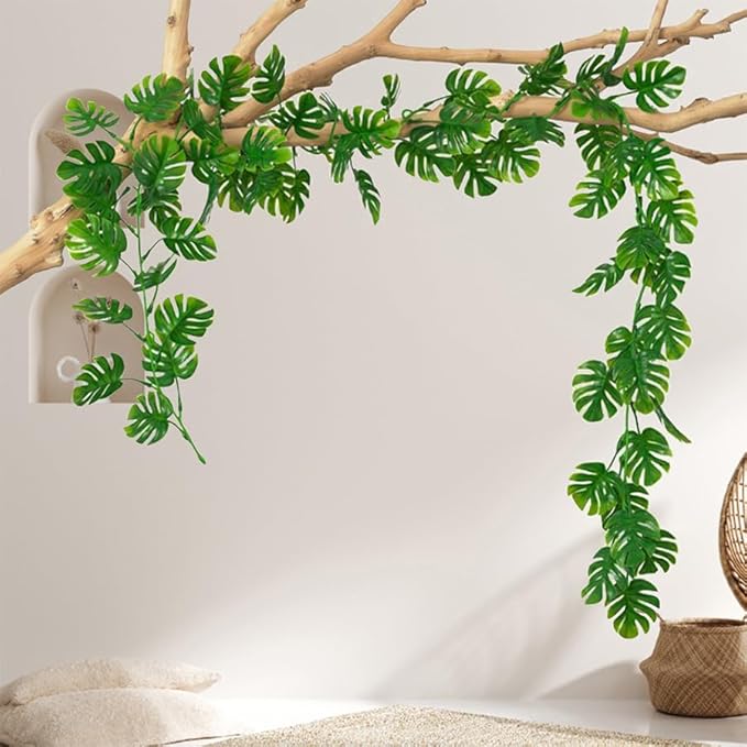 RECUTMS 6Pcs Artificial Monstera Leaf Vines, 5.9FT Faux Tropical Monstera Garland Fake Hanging Plant Ivy Palm Leave Greenery Vine for Garden Porch Patio Jungle Luau Party Birthday Indoor Outdoor Décor