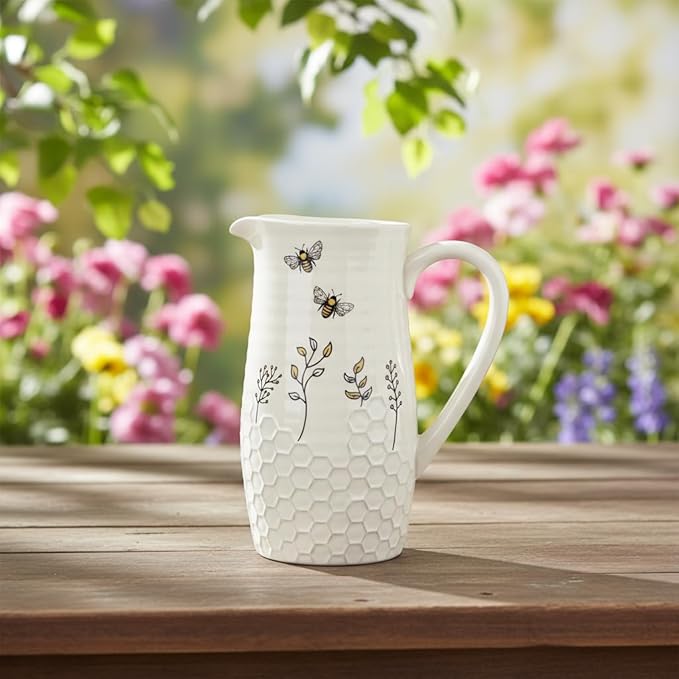 Young's Inc Honey Bee Ceramic Water Pitcher/Vase,Bee Farmhouse,Rustic Decor for Kitchen,Dining Accessories,8 Inch