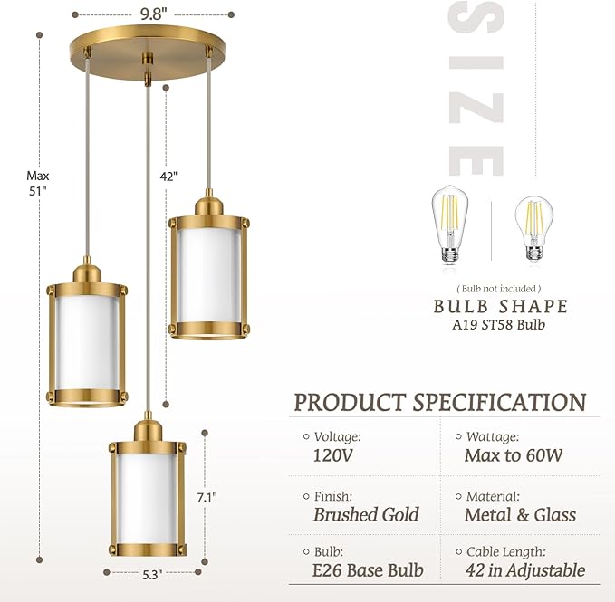 3-Light Pendant Lighting, Brushed Gold Dining Room Chandelier Light Fixture Over Table with Milk Glass, Modern Cluster Hanging Lights for Kitchen Island Sink, OS-3014-3BGW
