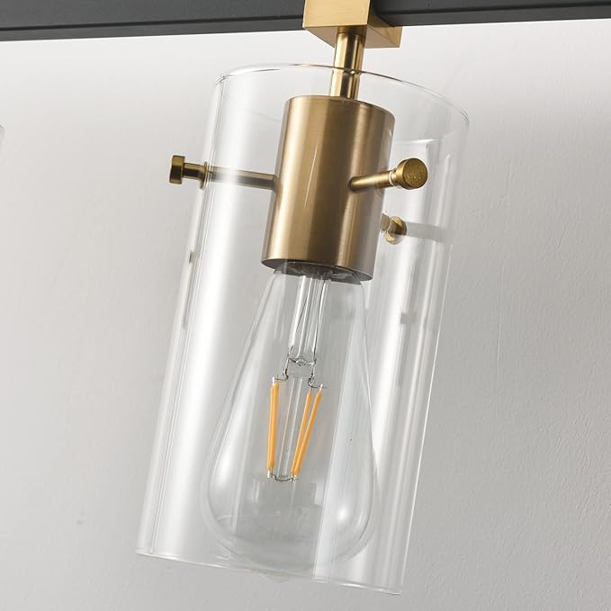 SOLFART Farmhouse Brass Bathroom Vanity Lights fixtures Over Mirror Vintage Bathroom Lighting Wall Sconce with Glass Shade 4 Lights