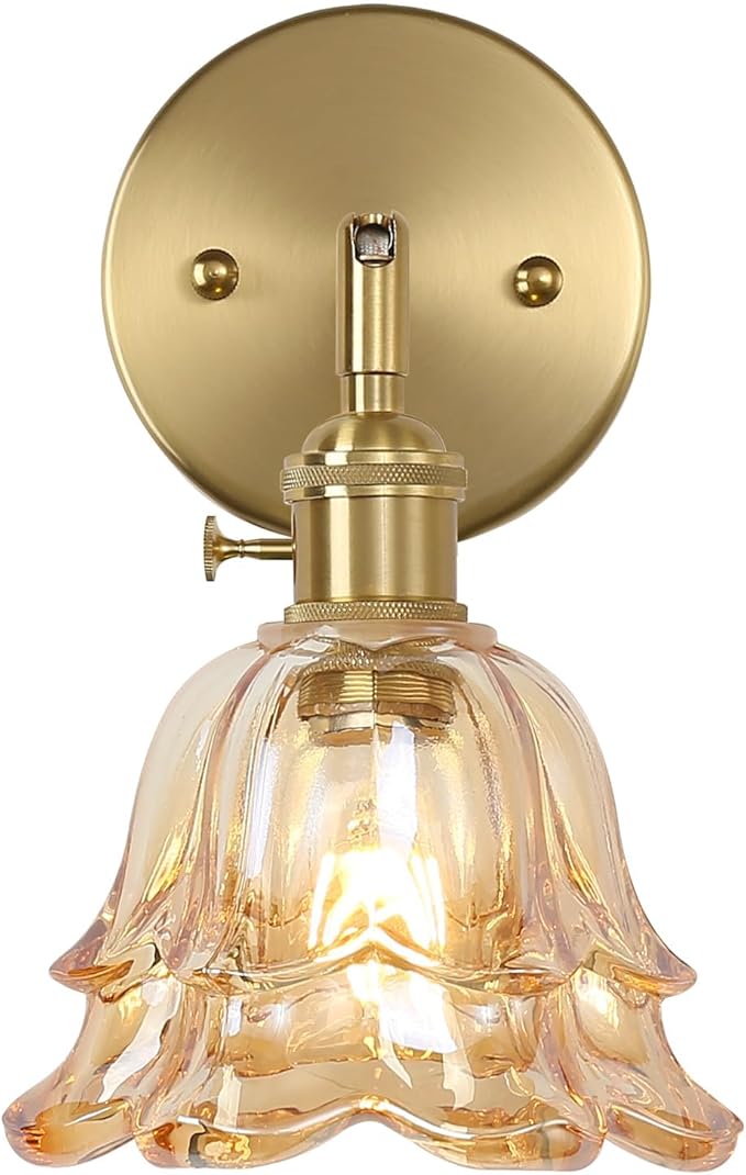 Vintage Wall Sconces, Rose Amber Lampshade & 180 Degree Adjustable, Brass Wall Lights, for Bedroom Living Room Hallway Aisle, Bulbs Not Included, ETL Listed