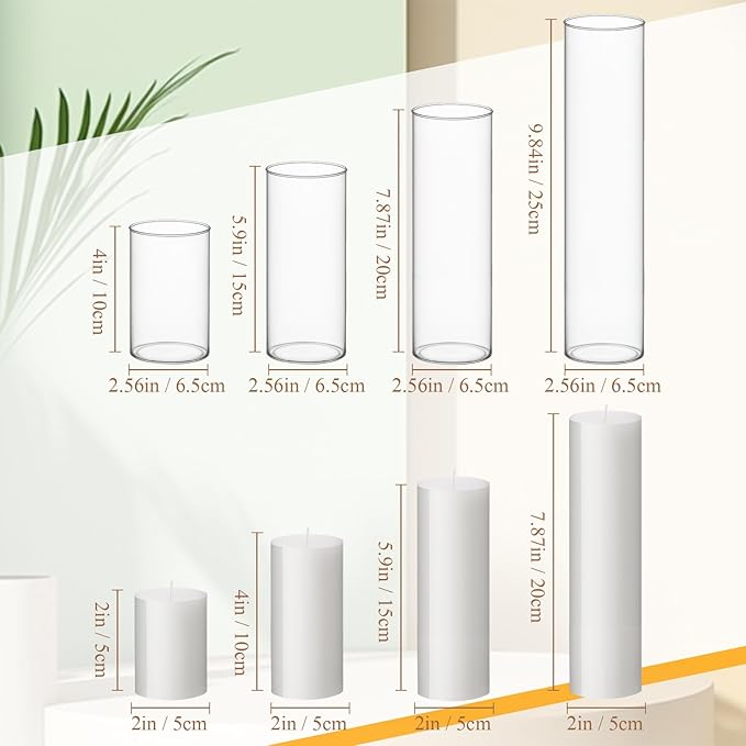 Shihanee Set of 4 White Pillar Candles and Glass Cylinder Vases 4 Sizes Clear Cylinder Candle Holders for Pillar Candles Home Table Centerpieces Decoration (2.6'' X 3.9'',5.9'',7.9'',9.8'')