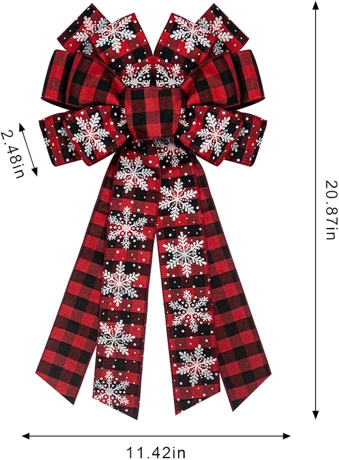 Large Christmas Wreath Bow - Red Velvet Buffalo Plaid Tree Topper Ribbon for Home Garden Indoor Outdoor Decoration Ornament Supplies