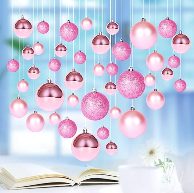 ALIMITOPIA 24pcs Christmas Ball Baubles 1.2 inches Shatterproof Plastic Hanging Balls Pendant for Xmas Tree Decoration (Tiny Size;Pink)