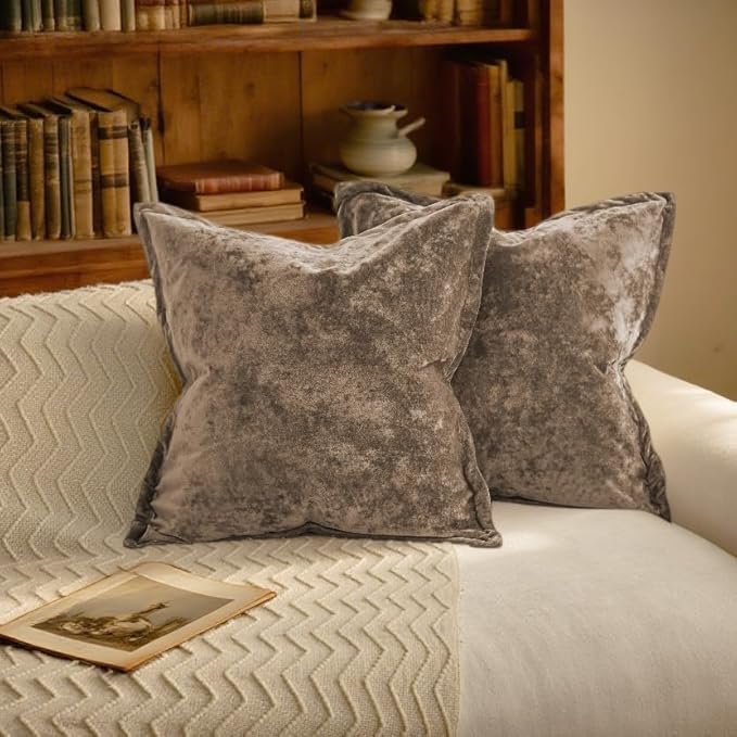 Velvet Pillow Covers 2 Pack Soft 26x26 Pillow Covers Solid Square Euro Shams Decorative Couch Pillow Cases with Wide Border for Sofa Bed Home Decor,Brown