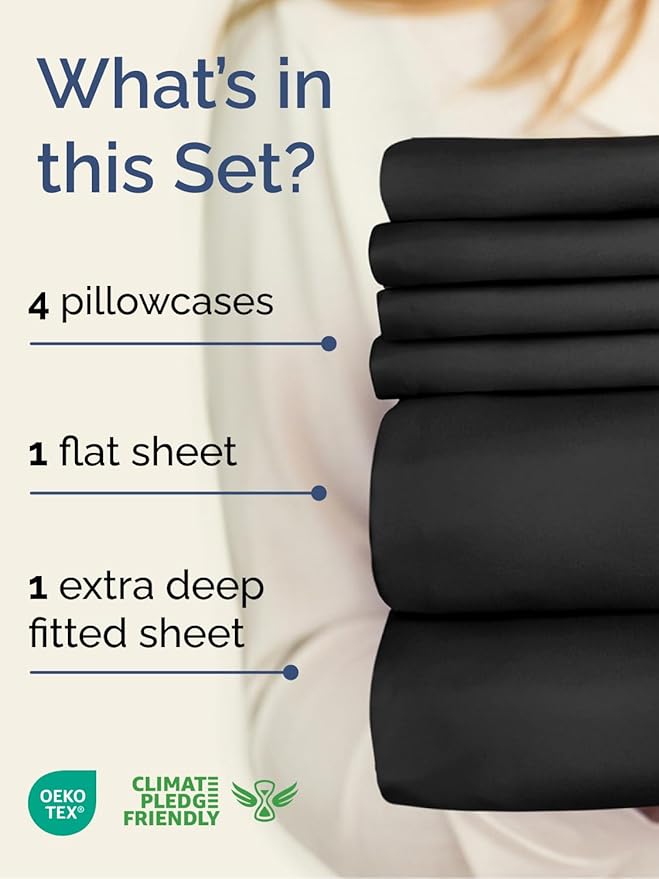 Extra Deep Full Sheet Set - 6 Piece Breathable and Cooling Sheets - Hotel Luxury Bed Sheets Set - Easy & Secure Fit - Soft, Wrinkle Free and Comfy Sheets Set - Black Sheet Set with Extra Deep Pockets