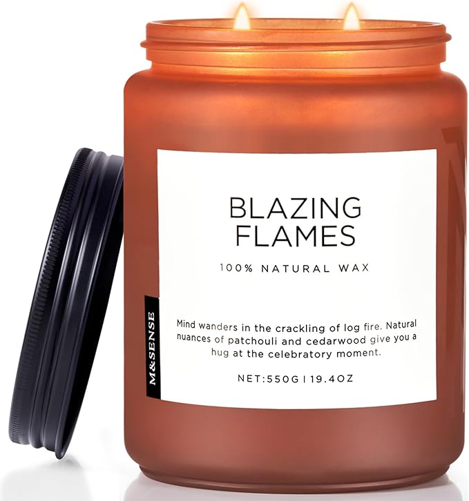 M&SENSE Blazing Flames Scented Candles with Log Fire - Patchouli & Cedarwood, Large Natural Soy 19.4oz 110 Hour Long Lasting Non Toxic Clean Burn Candle Gifts for Men Women