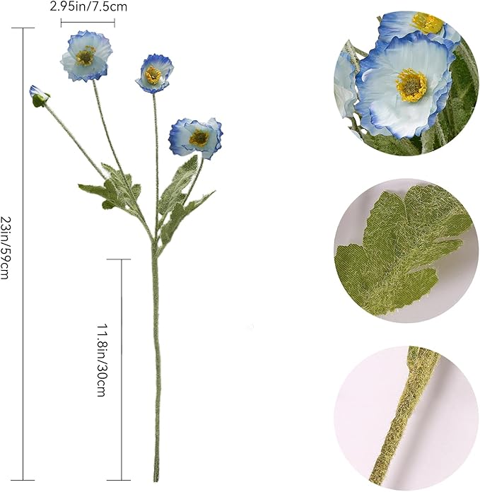 12PCS Poppy Flowers Artificial 23" Real Touch Stems Faux Poppies Silk Flowers for Home Decor Indoor (Blue)