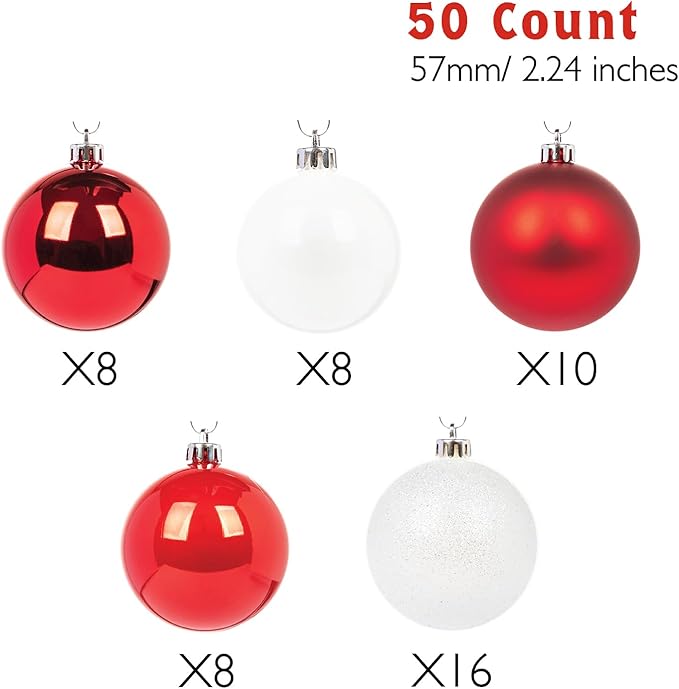 Every Day is Christmas Ornaments, Shatterproof Christmas Tree Ornament Set, Christmas Balls Decoration 50 Count (2.24"/57mm, Red White)