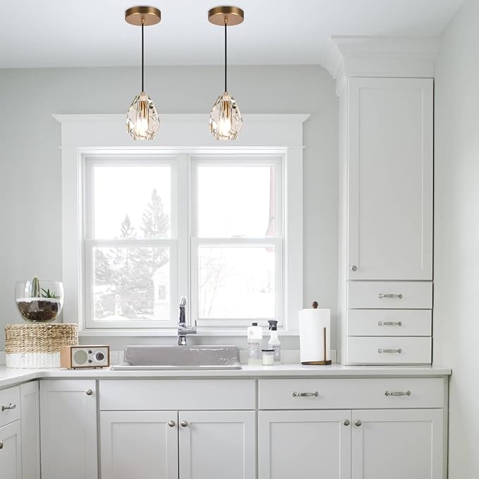 Prism Crystal Pendant Lighting, Matte Brass Ceiling Pendant Light Fixture, Modern Pendant Island Dimmable Light for Kitchen Dining Room