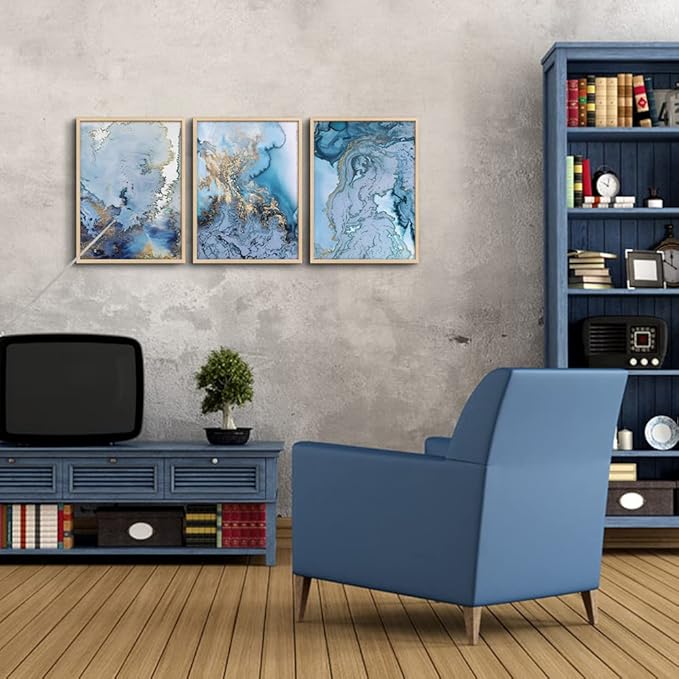 Natural Wood Framed Wall Art For Living Room Large Wall Decoration For Bedroom Office Wall Decor Minimalist blue Abstract Wall Painting Watercolor Wall Pictures Home Decor 3 Piece Framed Art Prints