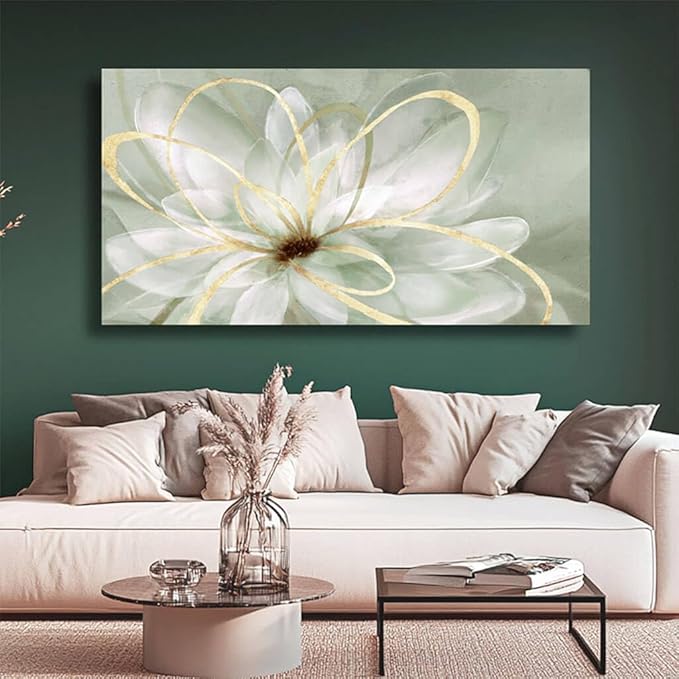 Room Wall Decoration Canvas Wall Art White Flowers Picture Modern Gold Foil Painting for Bedroom Living Room Kitchen Office Hotel 24" x 48"