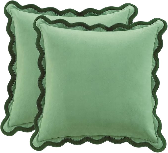 MONDAY MOOSE Decorative Throw Pillow Covers Cushion Cases, Set of 2 Soft Velvet Scalloped Wavy Edge Designs, Mix and Match for Home Decor, Pillow Inserts Not Included (16x16 inch, Green/Light Green)
