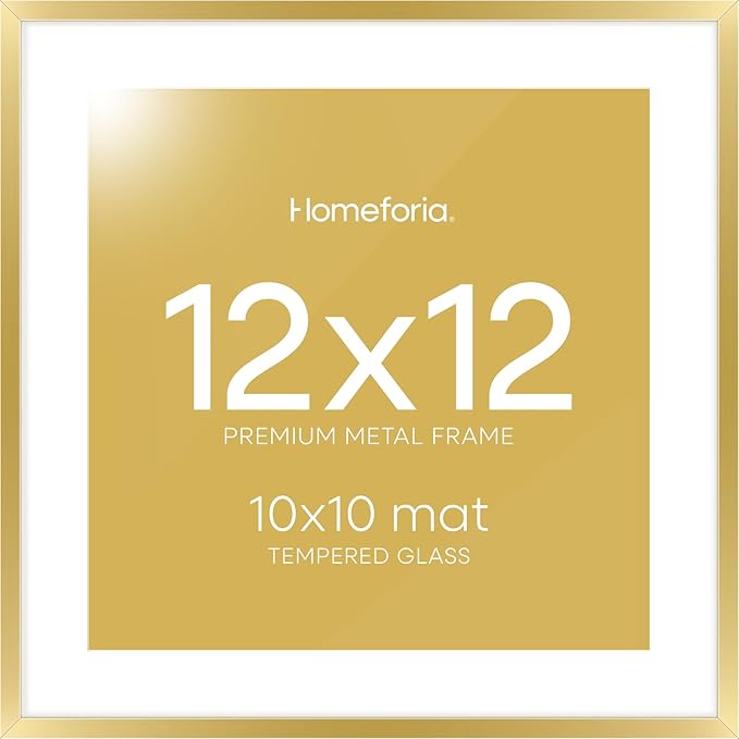Homeforia 12x12 Picture Frame Gold, High End Metal 12 x 12 Square Poster Frame with Mat 10 x 10 Photo, 12x12 Frame Matted to 10x10 Print, 12by12 Gold Hanging Frames, Tempered Glass, Wall Kit, Set of 1