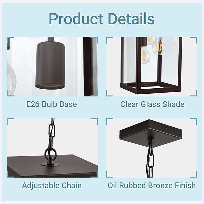 LOUSACE 16'' Large Outdoor Pendant Light 3-Lights Oil Rubbed Bronze Outdoor Chandelier Exterior Hanging Porch Light Fixtures Adjustable Ceiling Mount Outside Pendant Lantern for Entryway Front Door