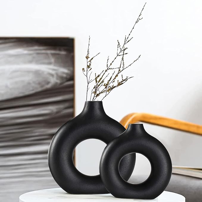 Black Ceramic Vase Set of 2 for Modern Boho Decor,Round Matte Pampas Flower Vases Minimalist Nordic Boho Ins Style for Wedding Dinner Table Party Living Room Office Bedroom, Decorative Gift