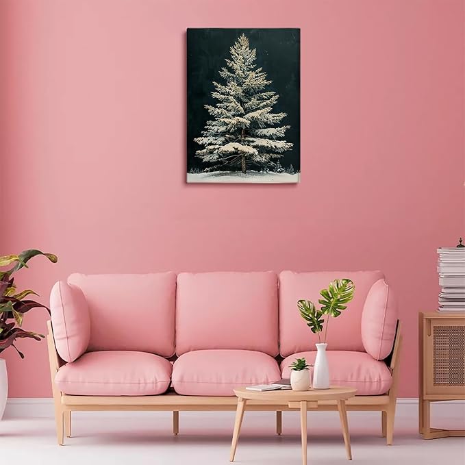 Snowy Christmas Tree Wall Art,Vintage Winter White Fir Tree Painting,Winter Christmas Wall Art,Snowy Pine Tree Decor,Dark Academia Botanical Print,Christmas Vintage Vertical Print24x36inch Unframed