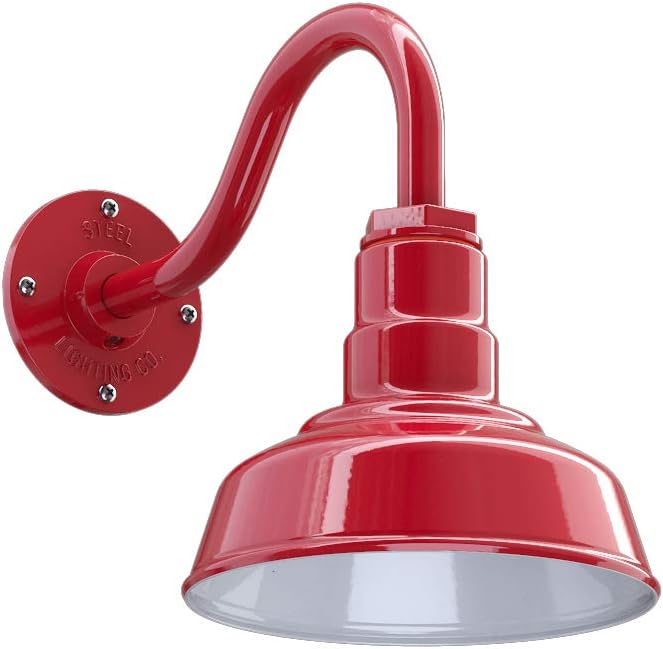 Steel Lighting Co. Hawthorne Barn Light | Outdoor Wall Mounted | 8 inch Dome | 11 inch Gooseneck| Small Farmhouse Light Made in America | Red Exterior/White Interior