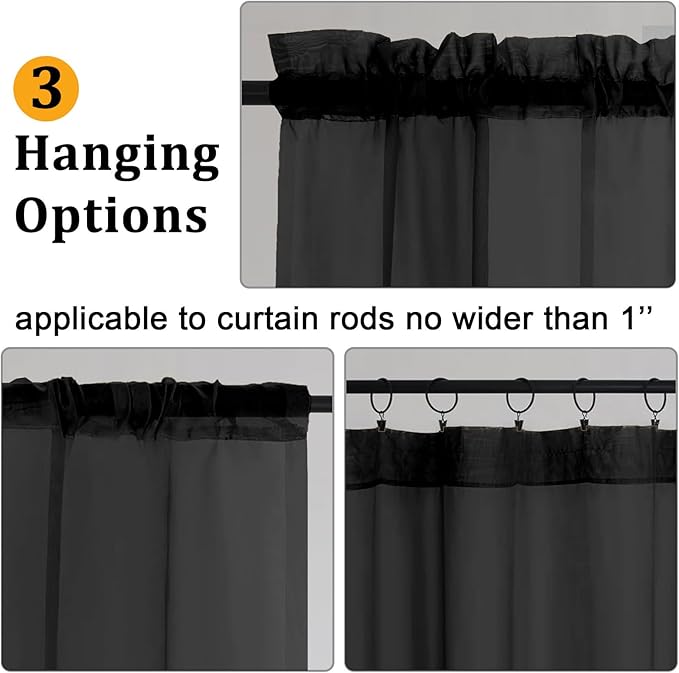 Gwine Black Sheer Curtains for Living Room 45 inches Long, Short Voile Light Filtering Window Treatments Sheer Curtains for Bedroom, Half Window Drapes with Rod Pocket, Each 42" Wx45 L