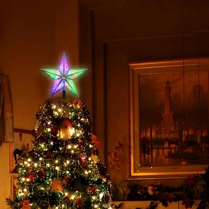 LAMPHOME 8" 10LED Christmas Tree Topper, 3D Golden Glitter Star Tree Toppers Christmas Decorations Light for Christmas Tree(Multicolor)