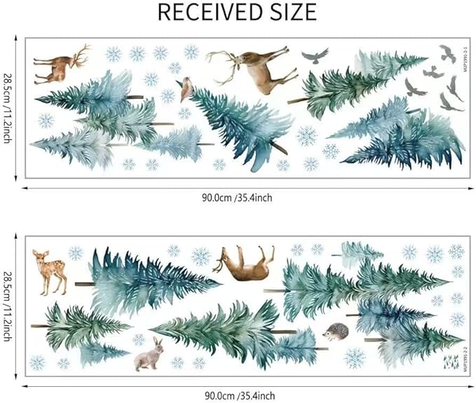 Large Christmas Tree Wall Stickers， Pine Tree Forest Deer Elk Kids Bedroom Holiday Decor，Xmas Snowflakes Woodland Animals Birch Birds for Nursery Living Room Offices Home Bedroom