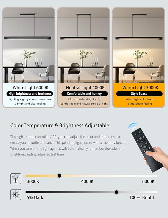 Glass Modern Black Linear Pendant Light - LED Hanging Kitchen Island Lights, Adjustable Dimmable Ceiling Fixtures, Minimalist Chandelier for Dining Room, Bar (63")