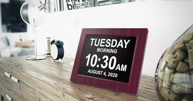 American Lifetime, Upgraded Version, Day Clock Extra Large Impaired Vision Digital Clock with Battery Backup and 5 Alarm Options, Premium Mahogany Color, 8 inch
