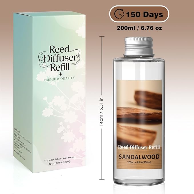 SCENTORINI Reed Diffuser Oil Refill, Sandalwood Diffuser Oil 6.76 Fl Oz, Natural Scented Essential Oil Refill Long Lasting Home Fragrance for Room Spa Aromatherapy Bathroom Home Decor