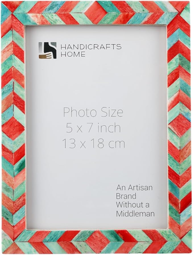 Handicrafts Home Chevron Mosaic Picture Frame 5x7– Handmade Bone Inlay Photo Frame for Tabletop & Wall Decor, Holiday Home Decor, Farmhouse Frame, Colorful Desk & Shelf Decor- Green Red Picture Frame