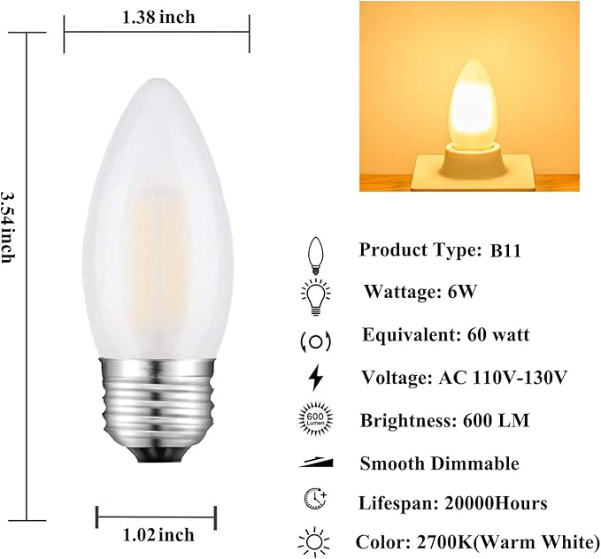 Dimmable 60 Watt Equivalent B11 LED Filament Bulb E26 Candelabra Medium Base 2700K Warm White, Chandelier Decorative Candle Light Bulbs, 6W E26 Frosted Glass LED Edison Bulbs, Pack of 6