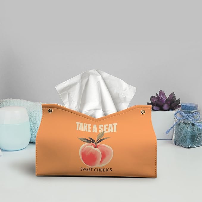 Funny Peach Tissue Box Cover Rectangle, Orange Tissue Box Holder for Bathroom, Take A Seat Sweet Cheeks PU Facial Paper Case, Funny Bathroom Decor Gifts for Women Funky Organizer Holder 9.8x5.9x5.9