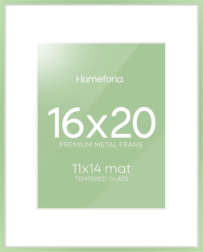 Homeforia 16x20 Sage Green Picture Frame, High End Metal 16x20 Poster Frame with Mat 11x14 inch Photo, 16 x 20 Sage Green Frame Matted to 11 by 14 Art, 20x16 Frame, Tempered Glass, Wall Kit, Set of 1