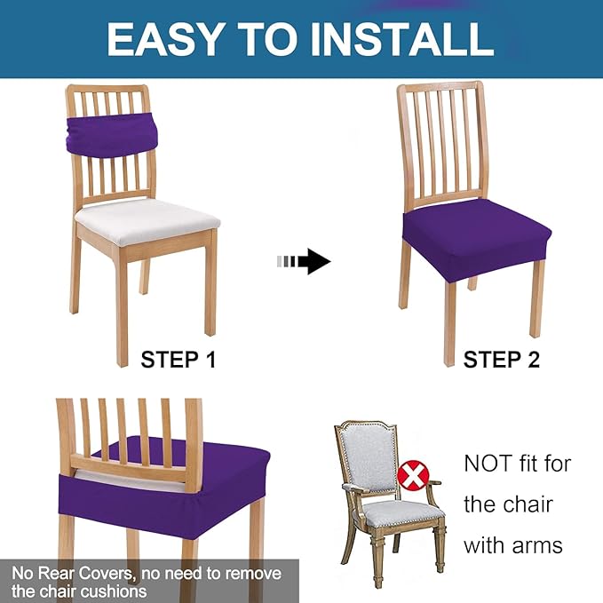 Smiry Waterproof Seat Covers for Dining Room Chairs Set of 2, Stretch Jacquard Removable Washable Chair Seat Slipcovers Protector, No Rear Covers, Violet