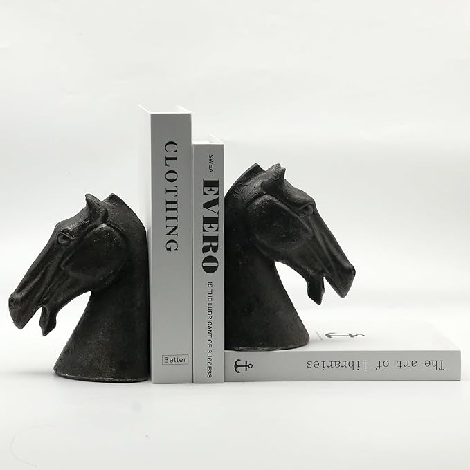 Lukitas Horse Head Decorative Bookends - Heavy Duty Non-Slip Book Holders, Modern Equestrian Ornaments for Office Home Bookshelf Decor, Black, Resin 7.5''