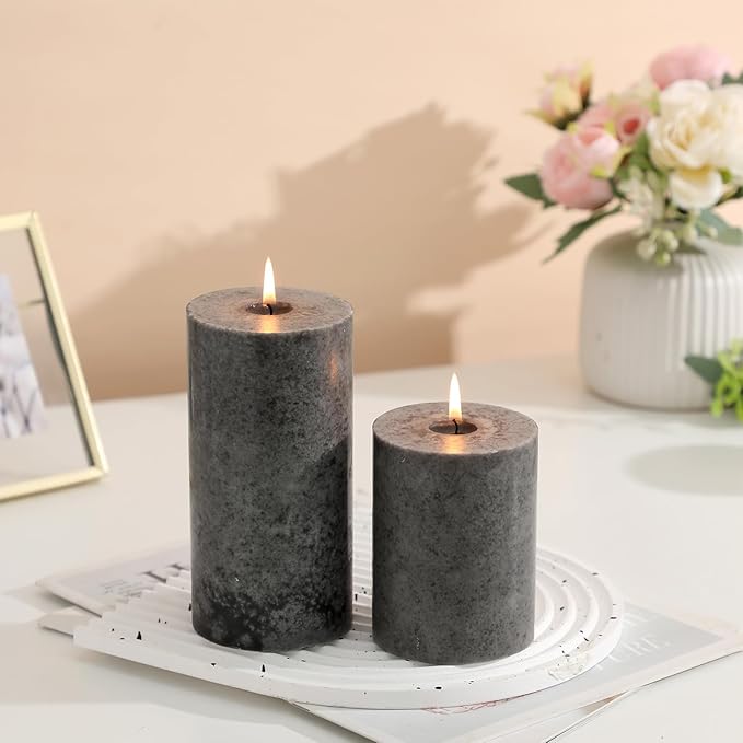 3x4 inch Grey Pillar Candles Set of 3, Unscented Pillar Candles, Dripless and Smokeless Large Candles, Candle for Halloween, Home Decor, Dinner Table,Weddings, Holidays