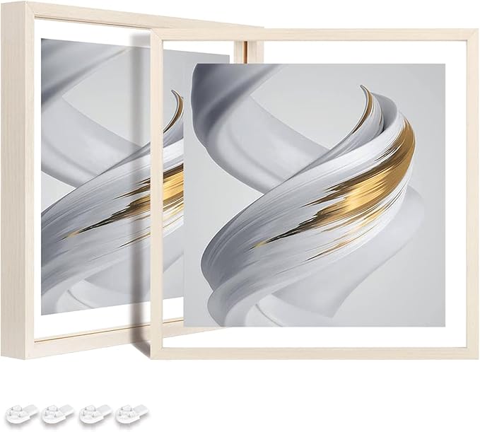 Egofine 8x8 Floating Frames Set of 2, Double Plexiglass Picture Frame, Made of Solid Wood Display Any Size Photo up to 8x8, Wall Mount or Tabletop Standing, Beige