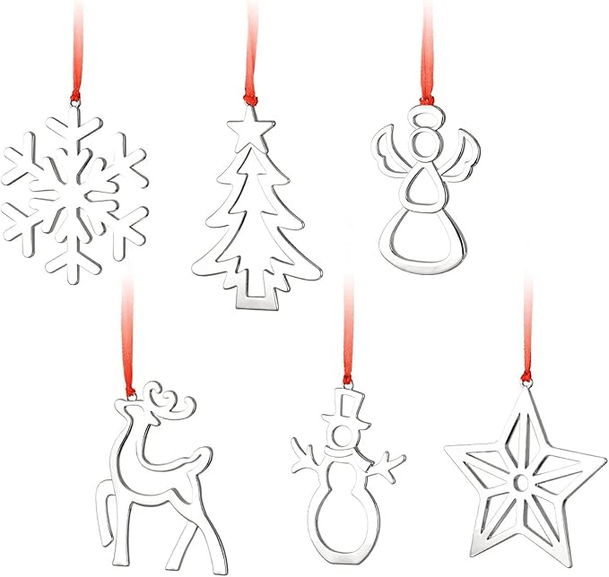 Set of 6 Christmas Hanging Ornaments,Silver Christmas Ornament for Xmas Tree Decor, Christmas Tree Ornament-Snowflake Reindeer Snowman Christmas Tree Ornament Gift (6, Mixed Set)