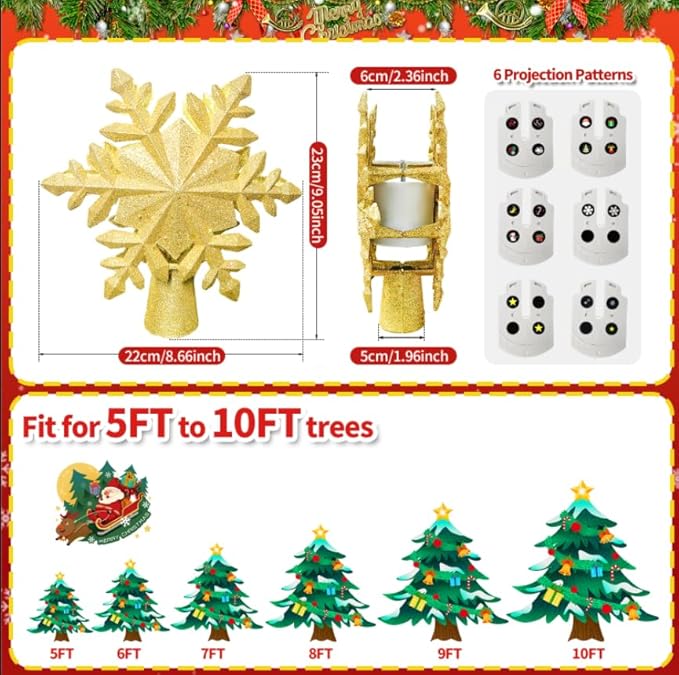 [6 Patterns] 9.05 inch Christmas Tree Topper Projector Snowflake with 6 Patterns Gold Snowflake Projector Tree Topper Plug in for Indoor Office Xmas New Year Holiday (Gold,3m Cable)