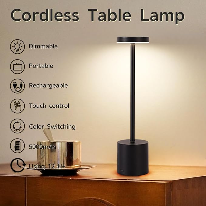 Rechargeable Cordless Table Lamp,Portable Outdoor 5000mAh Battery Operated LED Table Light Touch Control 3 Color Dimmable for Bedroom,Patio,Cofee,Camping,Dining,Restaurant&Livingroom-Black