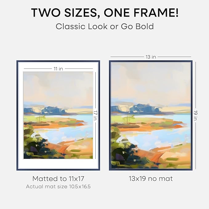 Homeforia 13x19 Picture Frame Navy Blue, High End Metal 13x19 Poster Frames with Mat 11x17 inch Photo, 13 x 19 Navy Blue Frame Matted to 11 by 17 Print, 19x13 Frame, Tempered Glass, Wall Kit, Set of 1