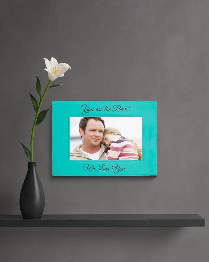 CustomGiftsNow Personalized Add Your Custom Text Engraved Leatherette Faux Leather Hanging/Tabletop Personalized Group Family Photo Picture Frame (Teal, 5x7-inch Horizontal)