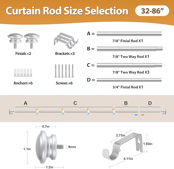 TONIAL 2 Pack Curtain Rods for Windows 48 to 84 Inch, Telescoping Splicing 3/4 Inch Single Rods for Windows Decorative Drapery Rod 32 to 86 with Small Finial, Silver